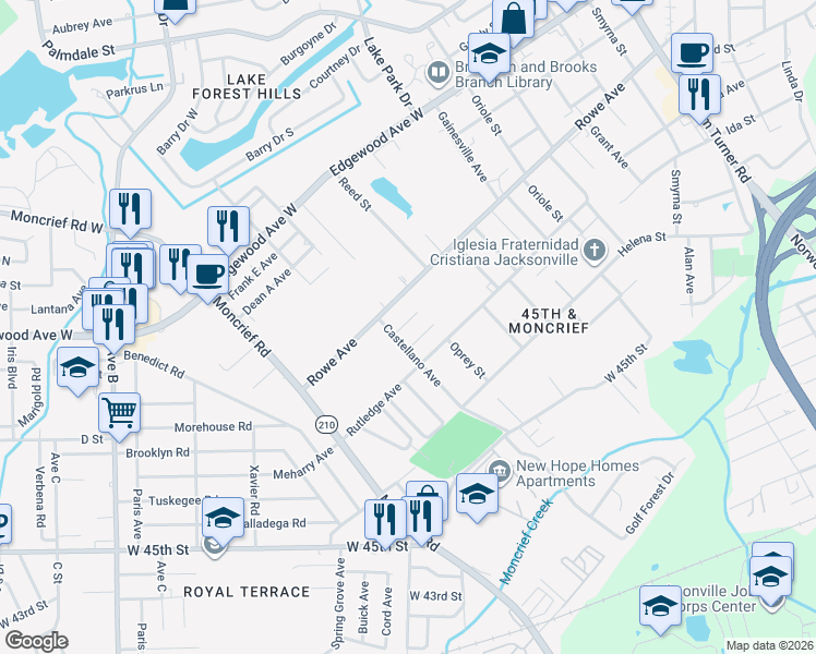 map of restaurants, bars, coffee shops, grocery stores, and more near 1622 Rosanne Street in Jacksonville