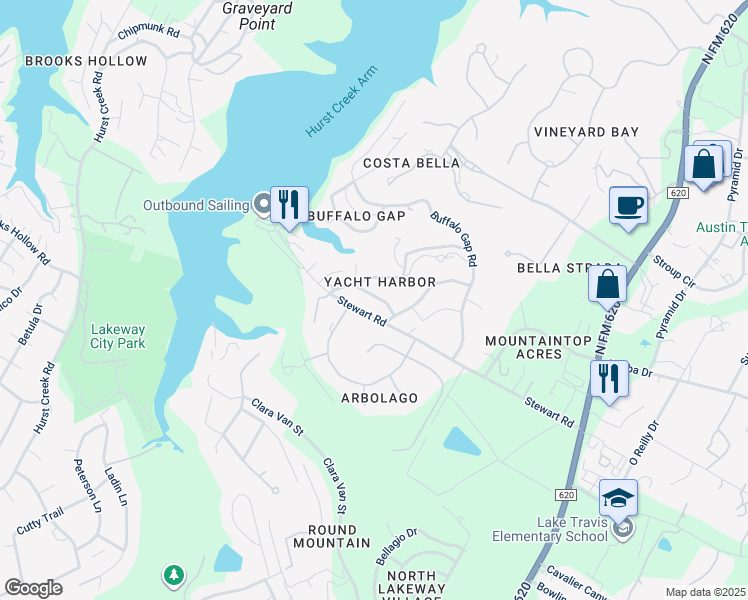 map of restaurants, bars, coffee shops, grocery stores, and more near 16204 Monks Mountain Drive in Austin