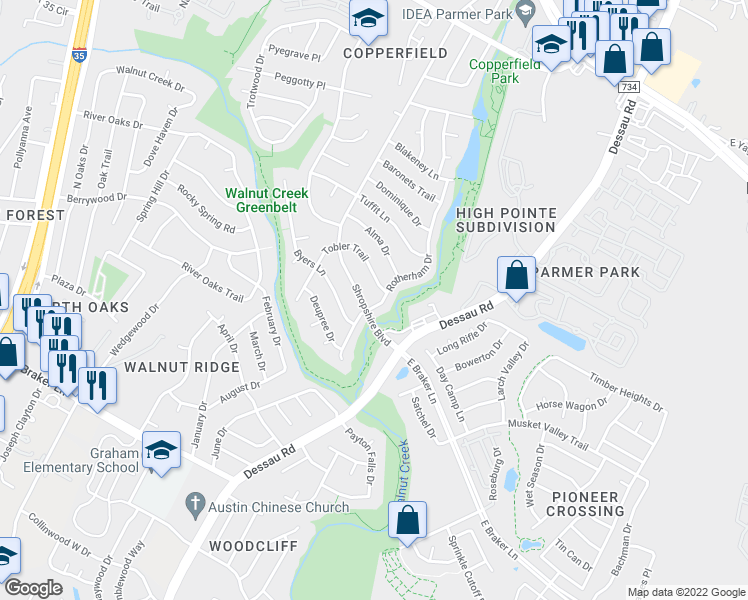 map of restaurants, bars, coffee shops, grocery stores, and more near 11810 Rotherham Drive in Austin