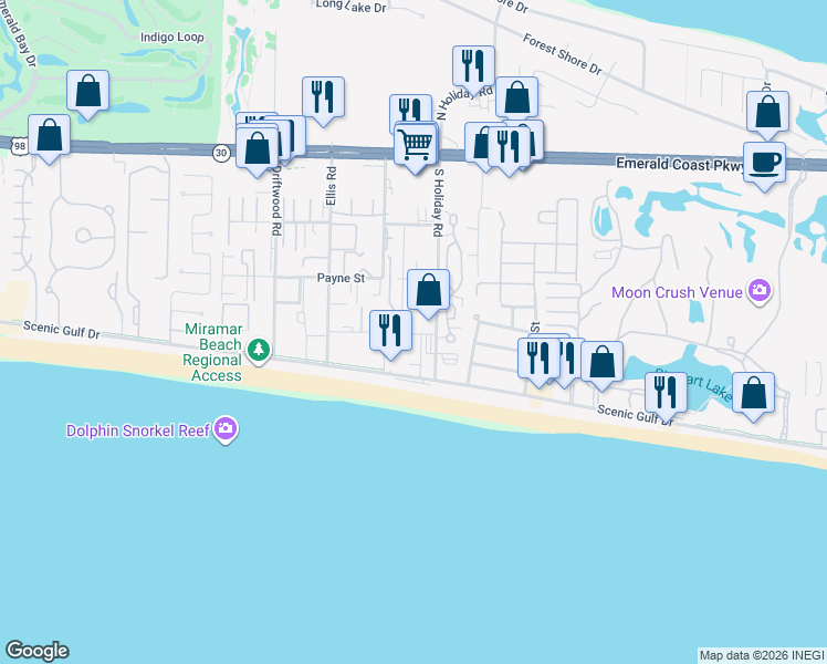 map of restaurants, bars, coffee shops, grocery stores, and more near 64 Cross Creek Road in Destin