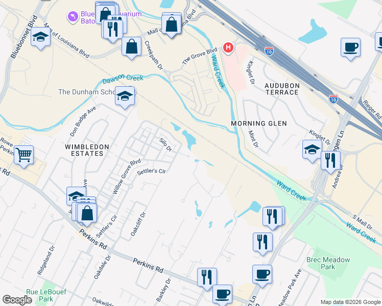 map of restaurants, bars, coffee shops, grocery stores, and more near 11706 Silo Drive in Baton Rouge
