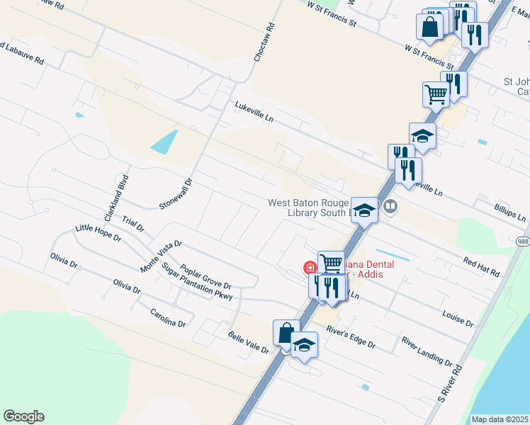map of restaurants, bars, coffee shops, grocery stores, and more near 3628 Borruano Acres in Brusly