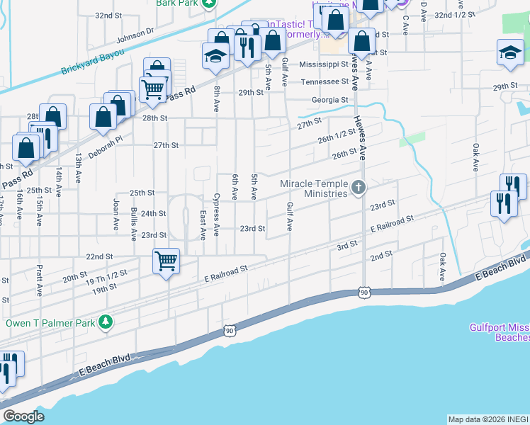 map of restaurants, bars, coffee shops, grocery stores, and more near 2339 5th Avenue in Gulfport