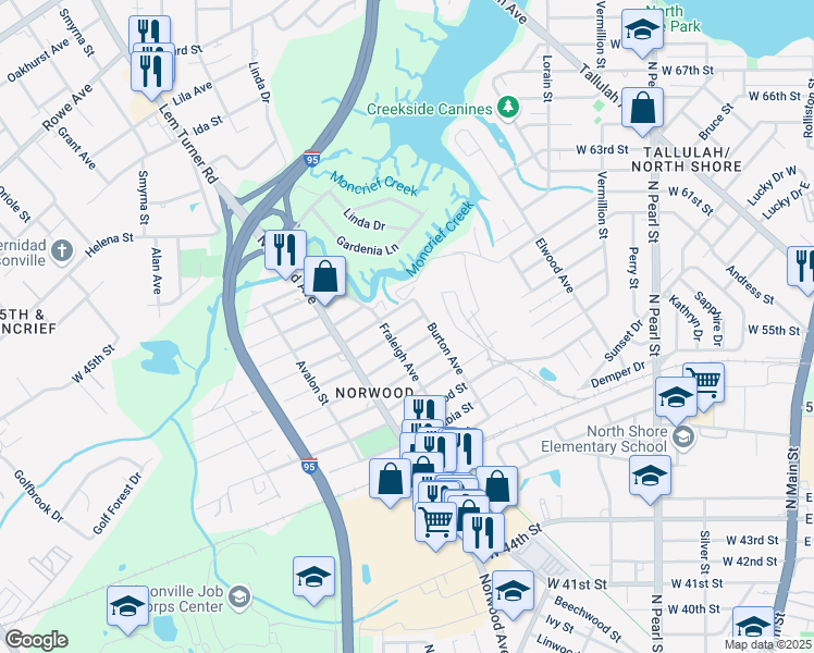 map of restaurants, bars, coffee shops, grocery stores, and more near 702 Calvert Street in Jacksonville