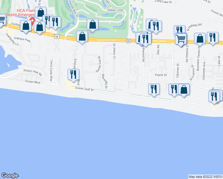 map of restaurants, bars, coffee shops, grocery stores, and more near 11 Ballamore Road in Miramar Beach