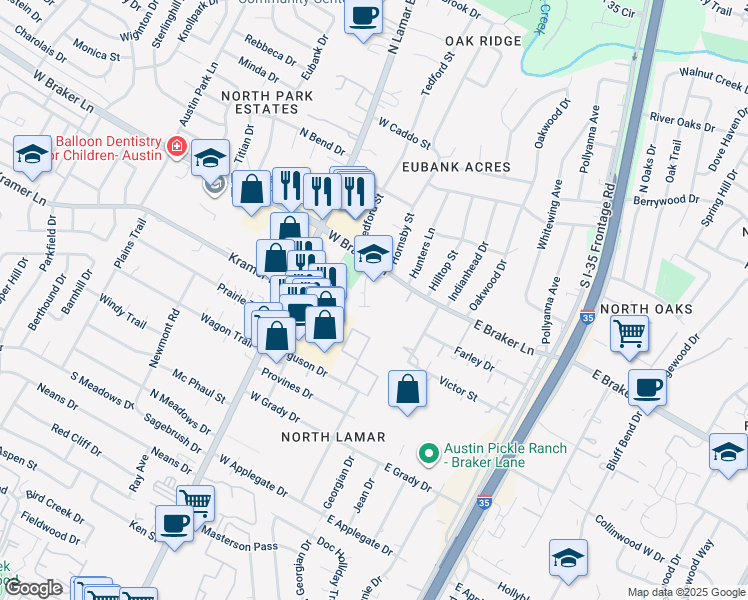 map of restaurants, bars, coffee shops, grocery stores, and more near 401 West Braker Lane in Austin