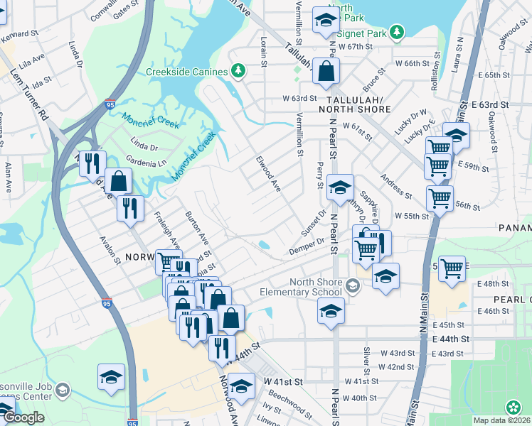 map of restaurants, bars, coffee shops, grocery stores, and more near 467 Malcross Avenue in Jacksonville