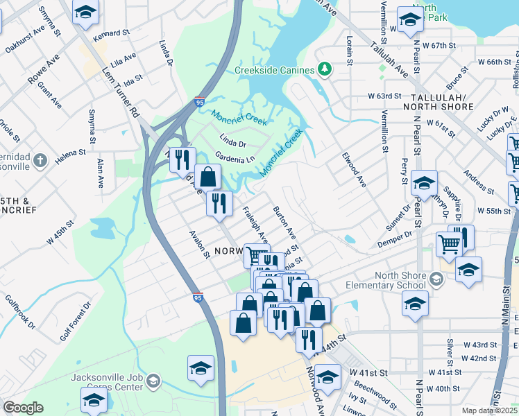 map of restaurants, bars, coffee shops, grocery stores, and more near 702 Calvert Street in Jacksonville