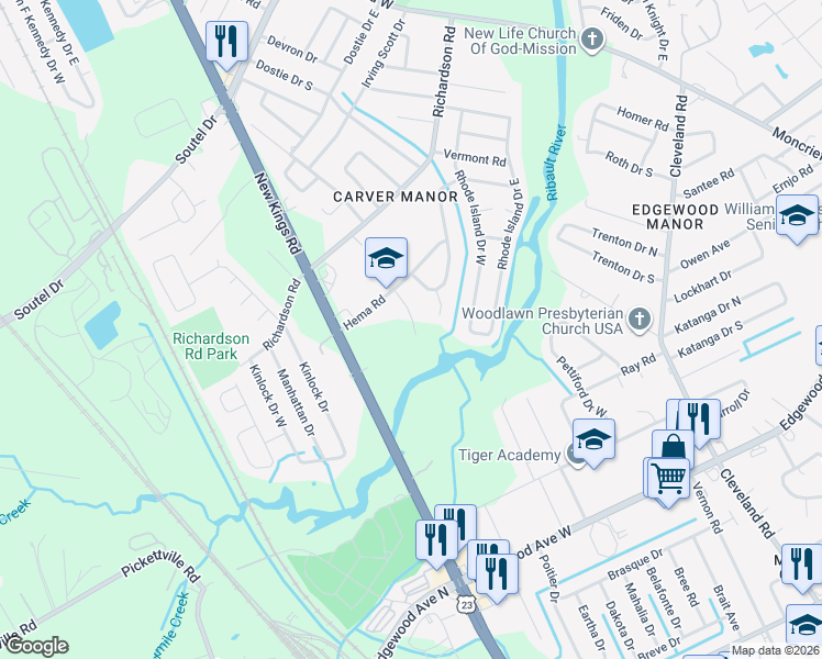 map of restaurants, bars, coffee shops, grocery stores, and more near 6554 Ribault Road in Jacksonville