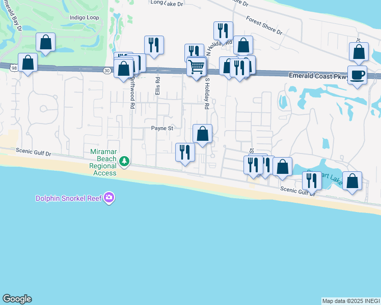 map of restaurants, bars, coffee shops, grocery stores, and more near 64 Cross Creek Road in Destin