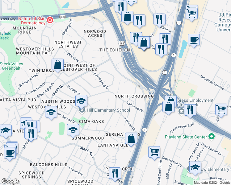 map of restaurants, bars, coffee shops, grocery stores, and more near 8724 Tallwood Drive in Austin