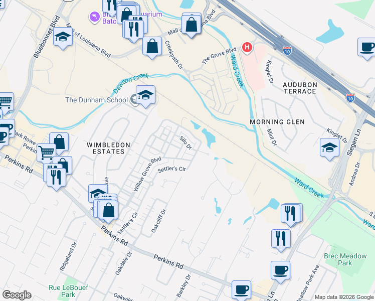 map of restaurants, bars, coffee shops, grocery stores, and more near 7415 Farm Row Avenue in Baton Rouge
