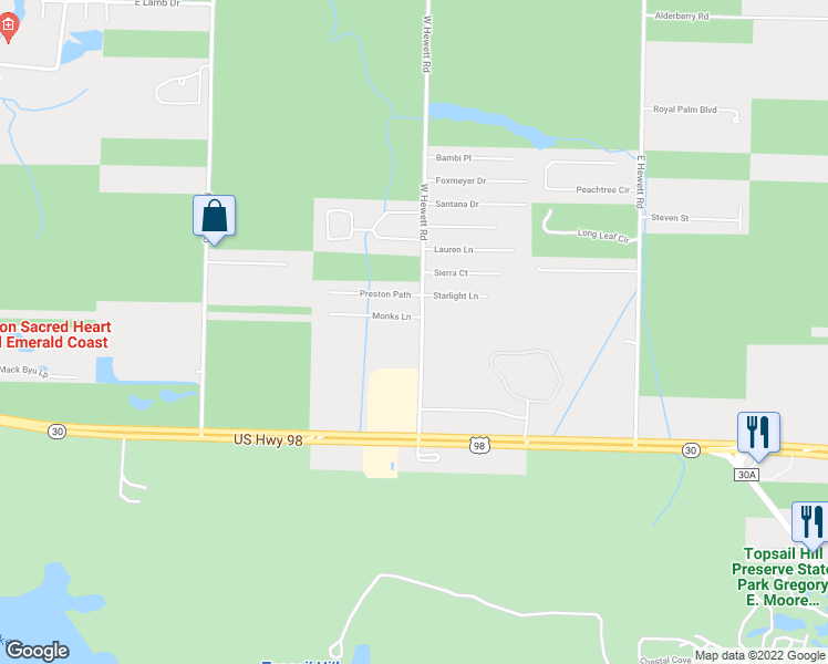 map of restaurants, bars, coffee shops, grocery stores, and more near 265 West Hewett Road in Santa Rosa Beach