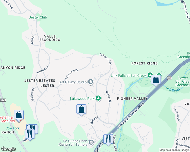 map of restaurants, bars, coffee shops, grocery stores, and more near 6612 Mesa Hollow Drive in Austin