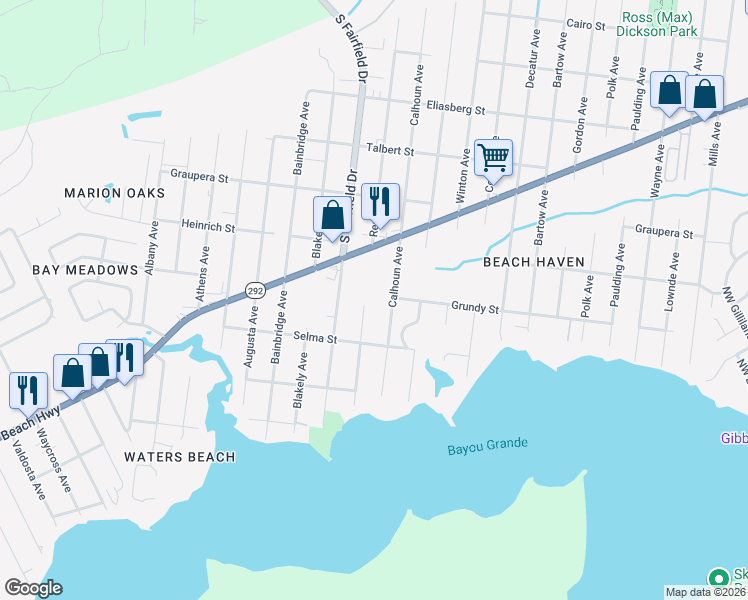 map of restaurants, bars, coffee shops, grocery stores, and more near 500 Rentz Avenue in Pensacola