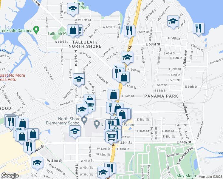 map of restaurants, bars, coffee shops, grocery stores, and more near 45 West 55th Street in Jacksonville