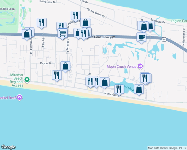 map of restaurants, bars, coffee shops, grocery stores, and more near 58 Sandcastle Cove in Miramar Beach