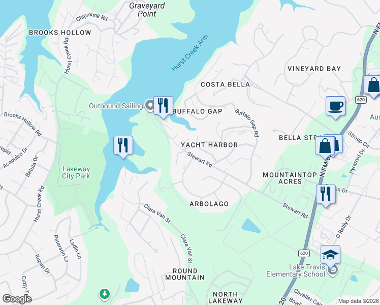map of restaurants, bars, coffee shops, grocery stores, and more near 16227 Spring Branch Trail in Austin
