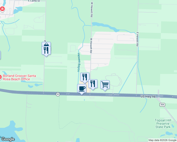 map of restaurants, bars, coffee shops, grocery stores, and more near 87 Monks Lane in Santa Rosa Beach