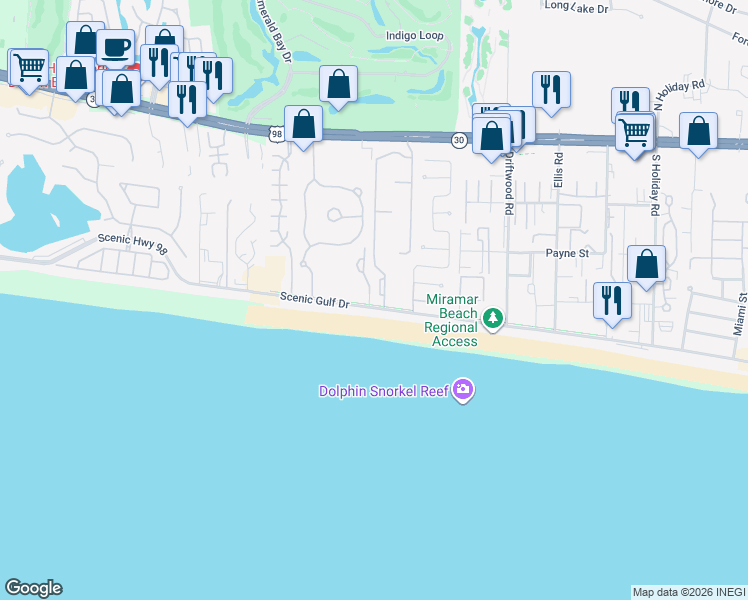 map of restaurants, bars, coffee shops, grocery stores, and more near 2702 Scenic Highway 98 in Miramar Beach
