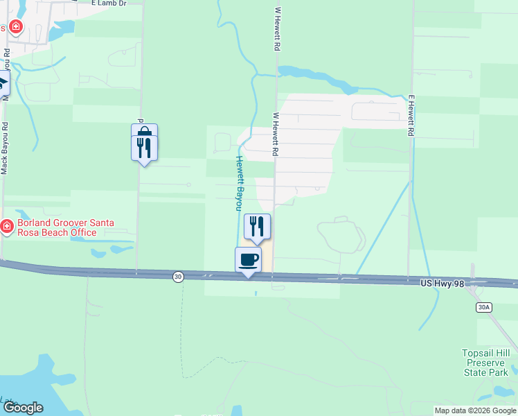map of restaurants, bars, coffee shops, grocery stores, and more near 87 Monks Lane in Santa Rosa Beach