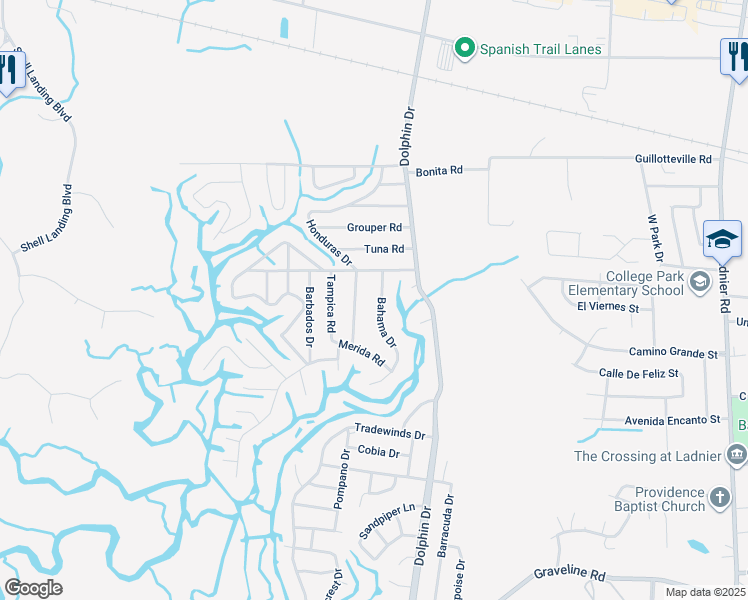 map of restaurants, bars, coffee shops, grocery stores, and more near 2615 Bahama Drive in Gautier