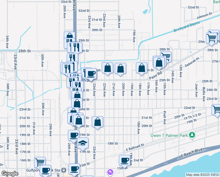 map of restaurants, bars, coffee shops, grocery stores, and more near 2104 24th Street in Gulfport