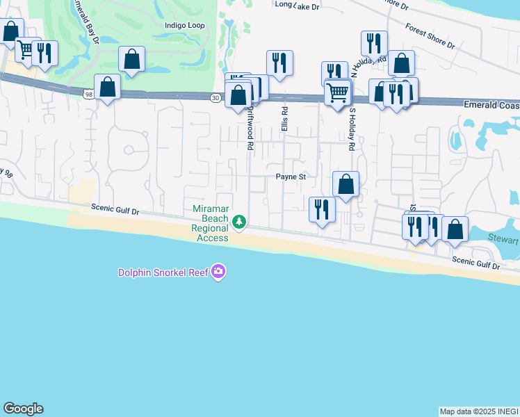 map of restaurants, bars, coffee shops, grocery stores, and more near 17 Newman Drive in Miramar Beach