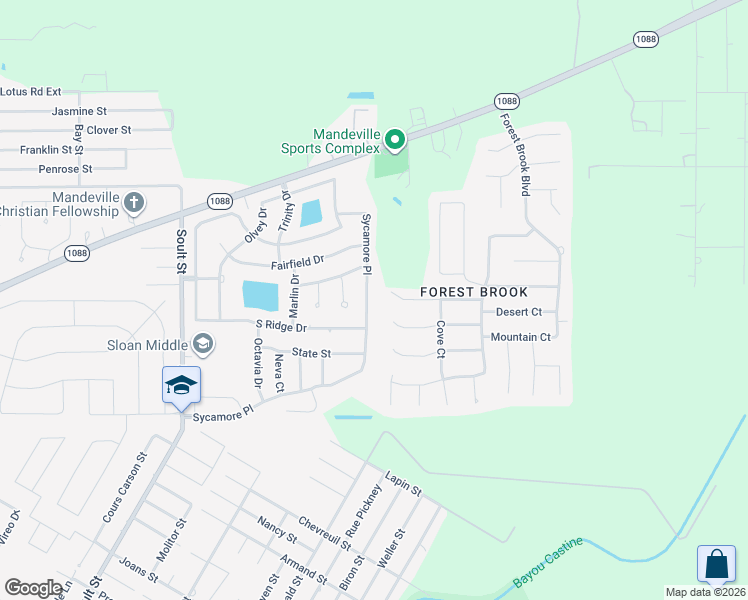 map of restaurants, bars, coffee shops, grocery stores, and more near 1448 Sycamore Place in Mandeville