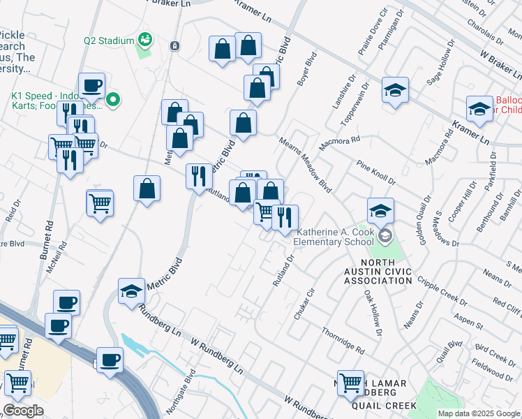 map of restaurants, bars, coffee shops, grocery stores, and more near 1934 Rutland Drive in Austin