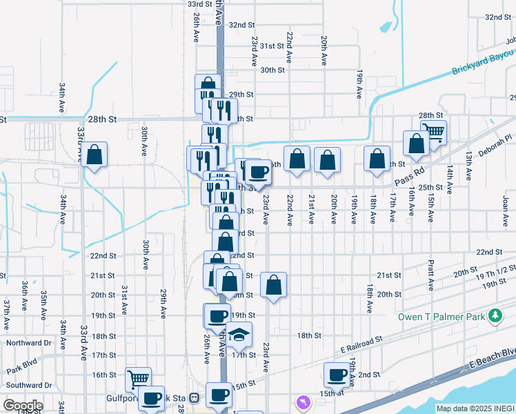 map of restaurants, bars, coffee shops, grocery stores, and more near 2306 24th Street in Gulfport