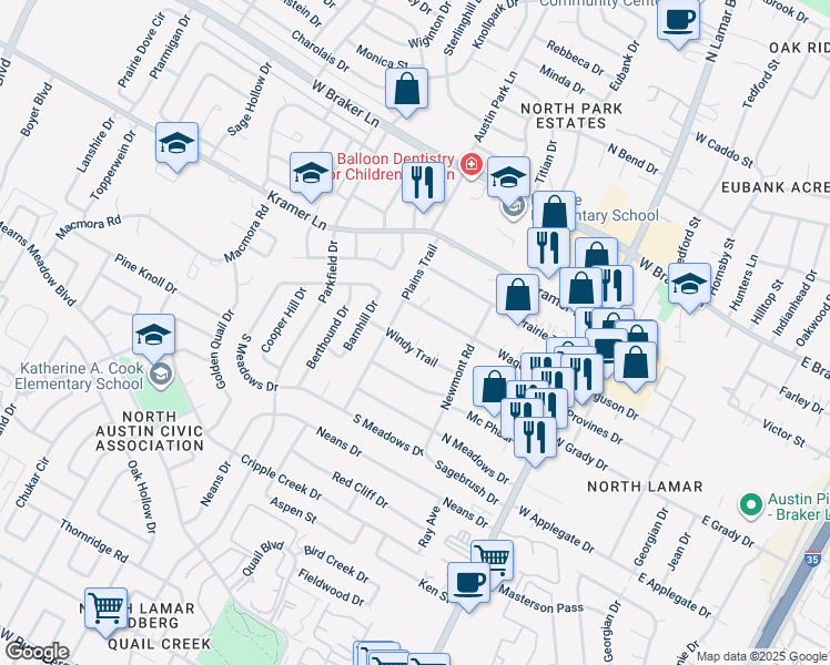 map of restaurants, bars, coffee shops, grocery stores, and more near 10704 Windy Trail Circle in Austin