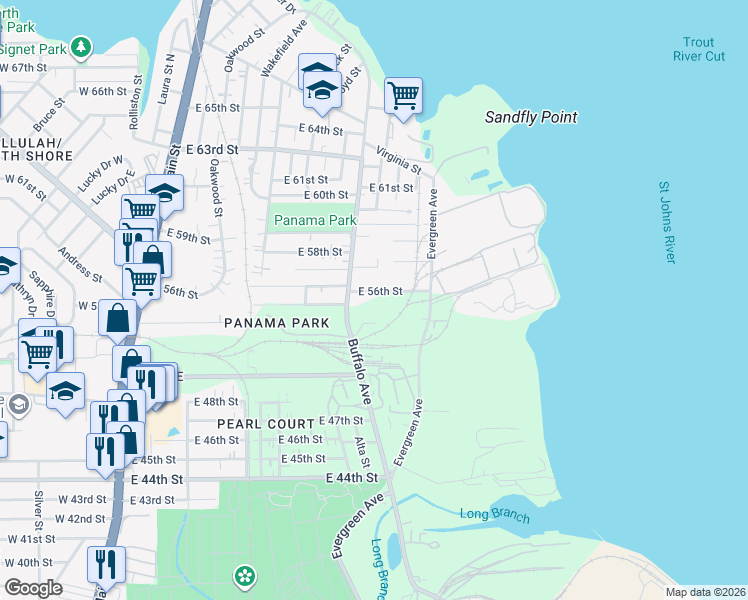 map of restaurants, bars, coffee shops, grocery stores, and more near 740 East 56th Street in Jacksonville