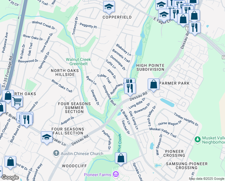 map of restaurants, bars, coffee shops, grocery stores, and more near 11901 Rotherham Drive in Austin