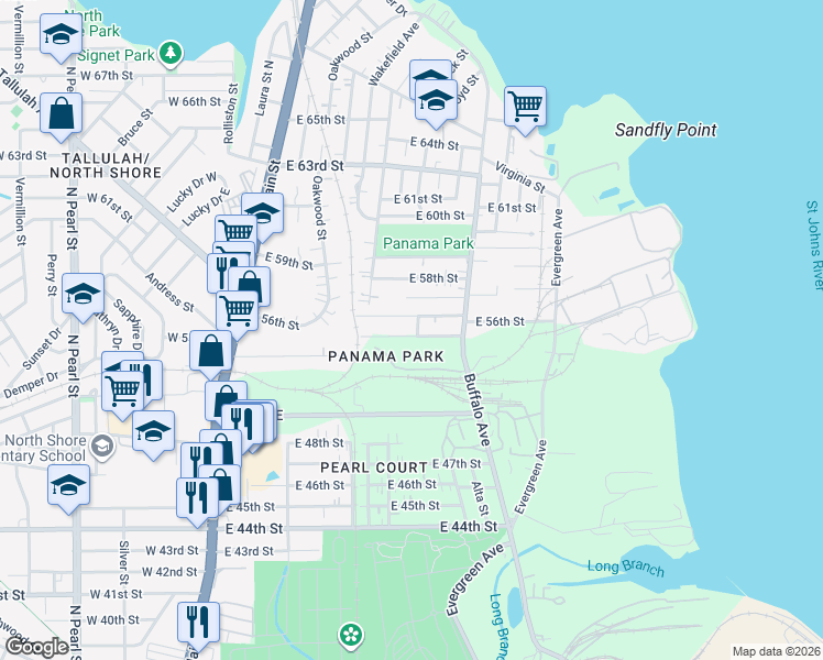 map of restaurants, bars, coffee shops, grocery stores, and more near 570 East 56th Street in Jacksonville