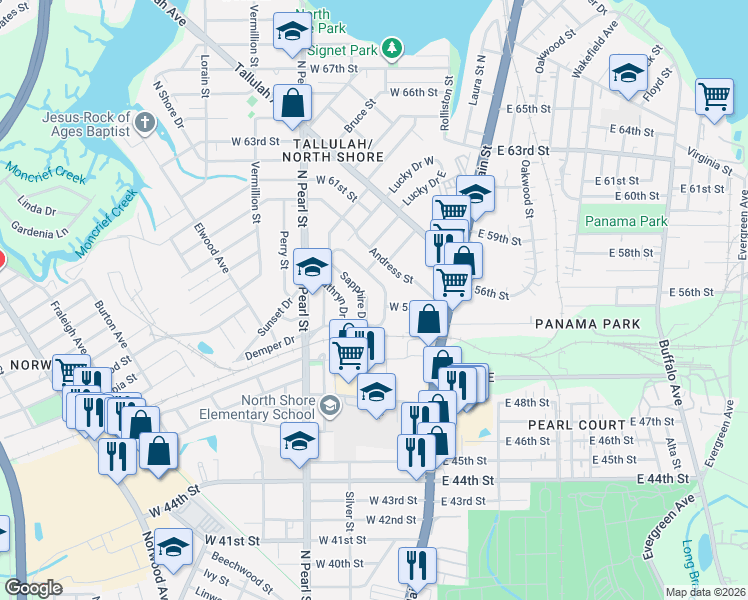 map of restaurants, bars, coffee shops, grocery stores, and more near 6511 Sapphire Drive in Jacksonville