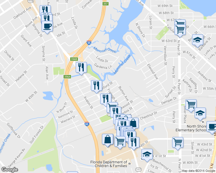 map of restaurants, bars, coffee shops, grocery stores, and more near 758 Ashford Street in Jacksonville