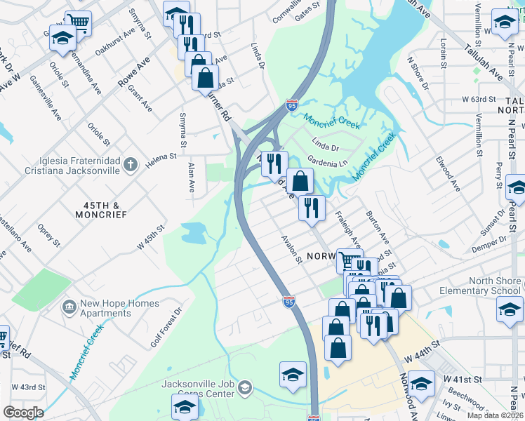 map of restaurants, bars, coffee shops, grocery stores, and more near 1005 Ardmore Street in Jacksonville