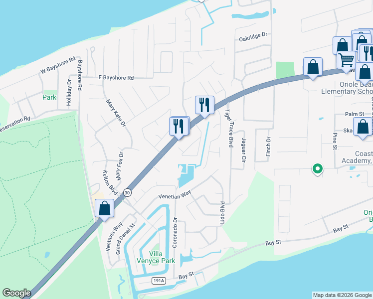 map of restaurants, bars, coffee shops, grocery stores, and more near 2860 Villa Woods Circle in Gulf Breeze