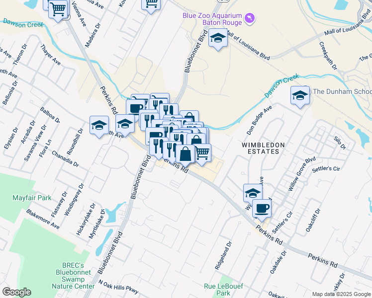 map of restaurants, bars, coffee shops, grocery stores, and more near 10000 Perkins Rowe in Baton Rouge