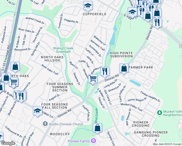 map of restaurants, bars, coffee shops, grocery stores, and more near 11901 Rotherham Drive in Austin