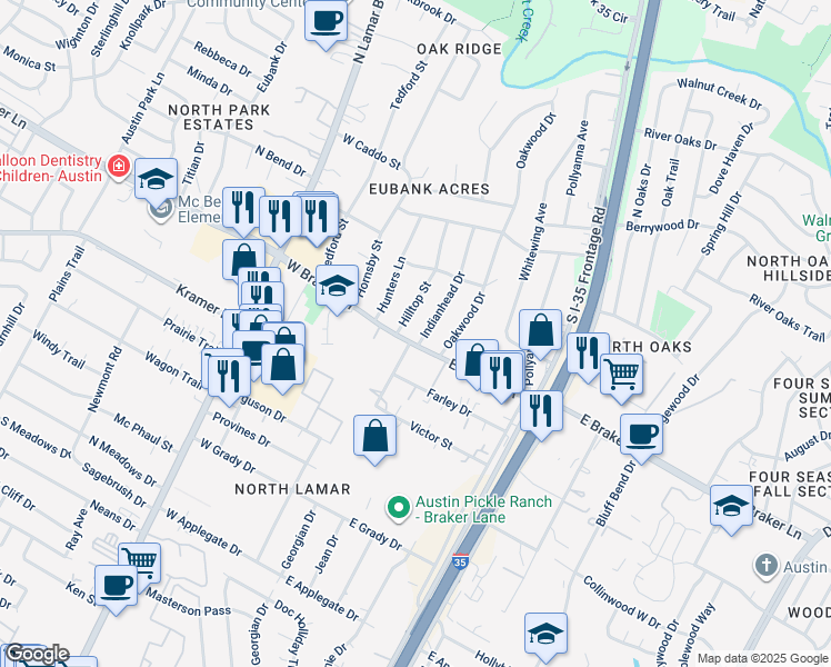map of restaurants, bars, coffee shops, grocery stores, and more near 11301 Hilltop Street in Austin