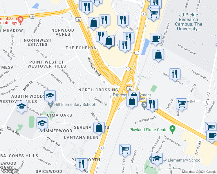 map of restaurants, bars, coffee shops, grocery stores, and more near 8901 Business Park Drive in Austin