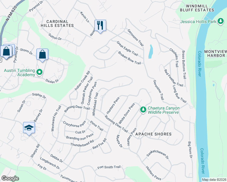 map of restaurants, bars, coffee shops, grocery stores, and more near 2656 Crazyhorse Pass in Austin