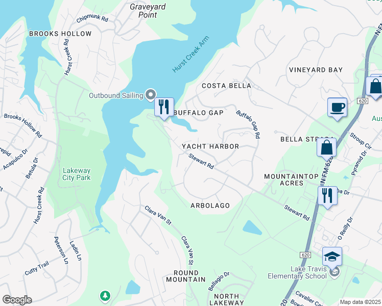 map of restaurants, bars, coffee shops, grocery stores, and more near 16227 Spring Branch Trail in Austin
