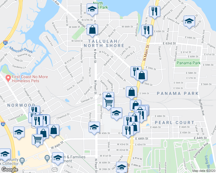 map of restaurants, bars, coffee shops, grocery stores, and more near 6501 Kathryn Drive in Jacksonville