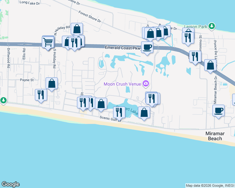 map of restaurants, bars, coffee shops, grocery stores, and more near 682 Seascape Drive in Miramar Beach
