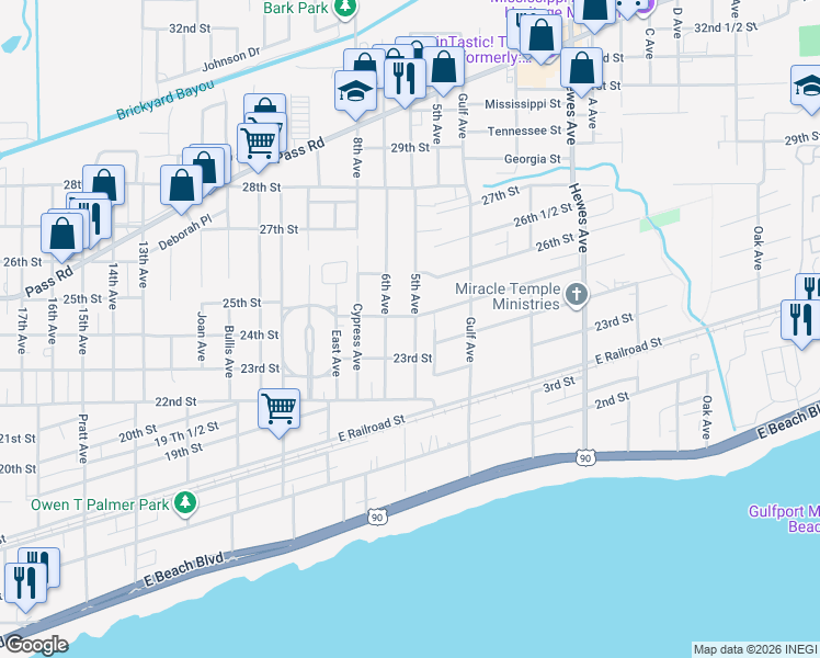 map of restaurants, bars, coffee shops, grocery stores, and more near 2339 5th Avenue in Gulfport