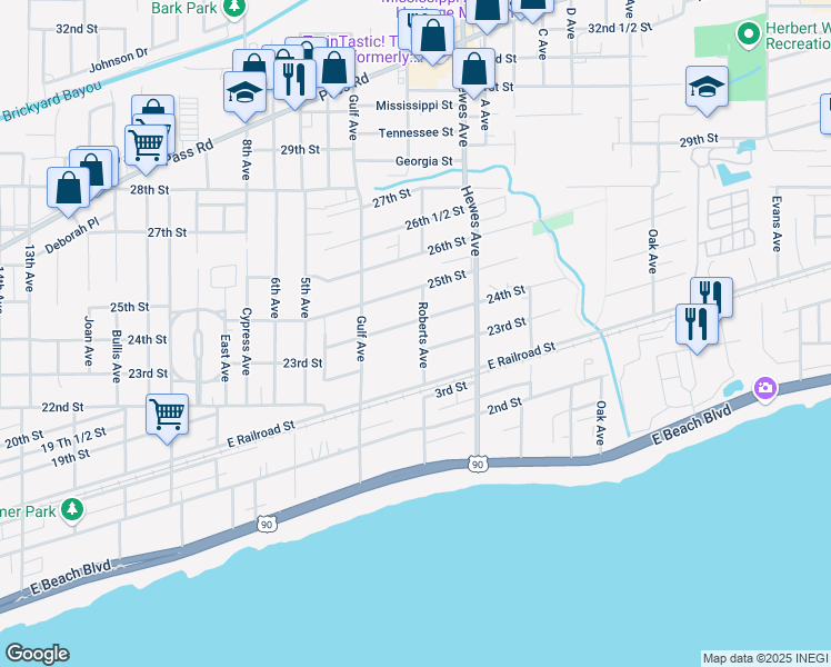 map of restaurants, bars, coffee shops, grocery stores, and more near 2317 Roberts Avenue in Gulfport