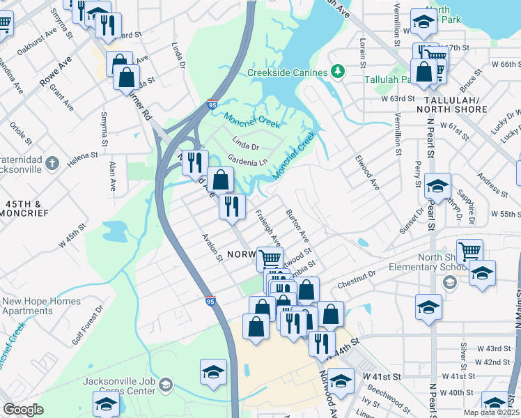 map of restaurants, bars, coffee shops, grocery stores, and more near 758 Ashford Street in Jacksonville